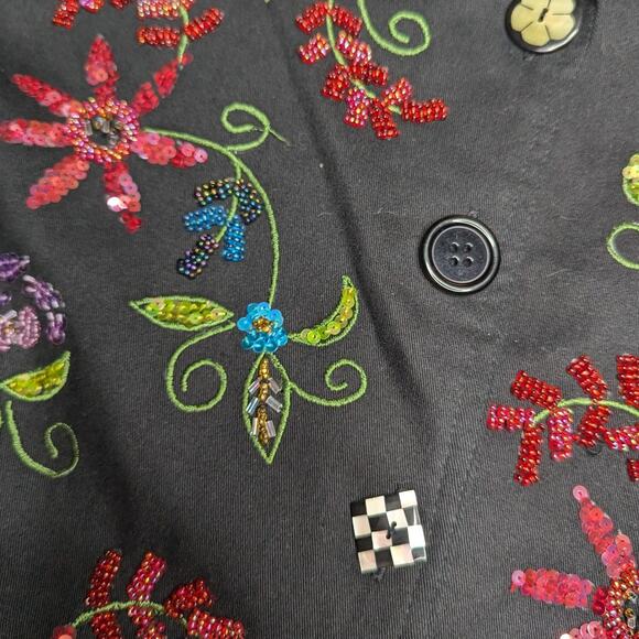 Vtg Y2K Faith Black Cotton Floral Embroidered Embellished Button Up Jacket M - Picture 3 of 5